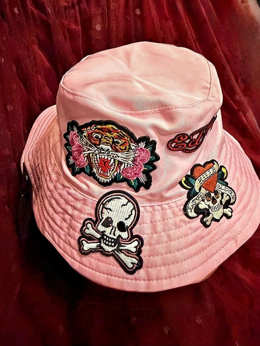 Ed Hardy Pink Bucket Hat with Multi Embroidered Tattoo Patches Pink Embroidered